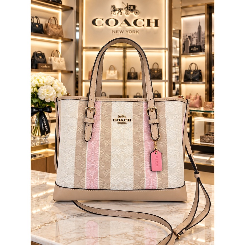 Coach Mollie Tote 25 Signature Canvas Pink Varsity Stripe C8416 Khaki Chalk